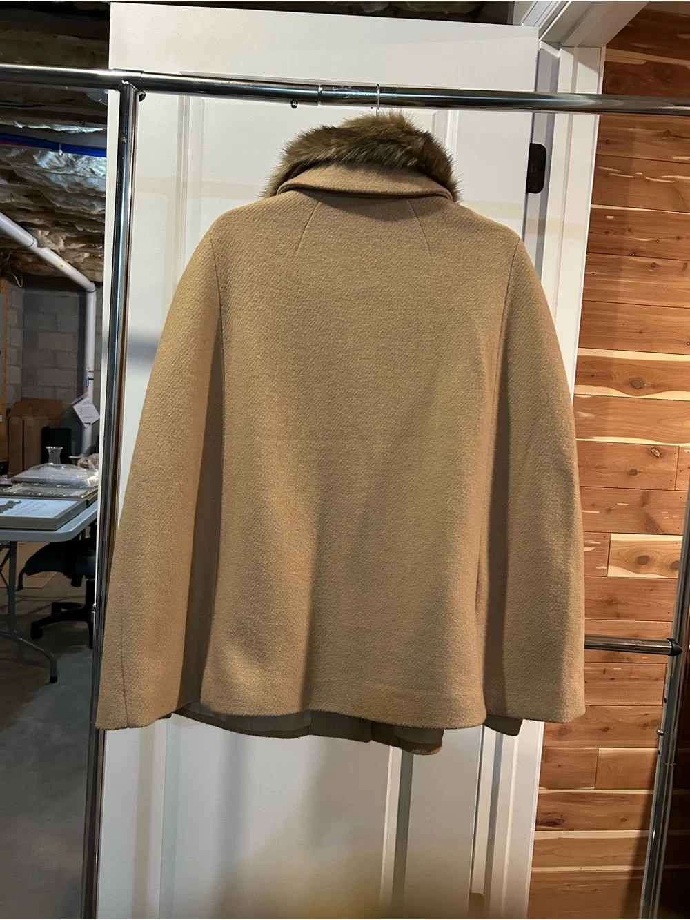 Talbots Camel Wool Blend Pea Coat with Brown Faux Fur Collar